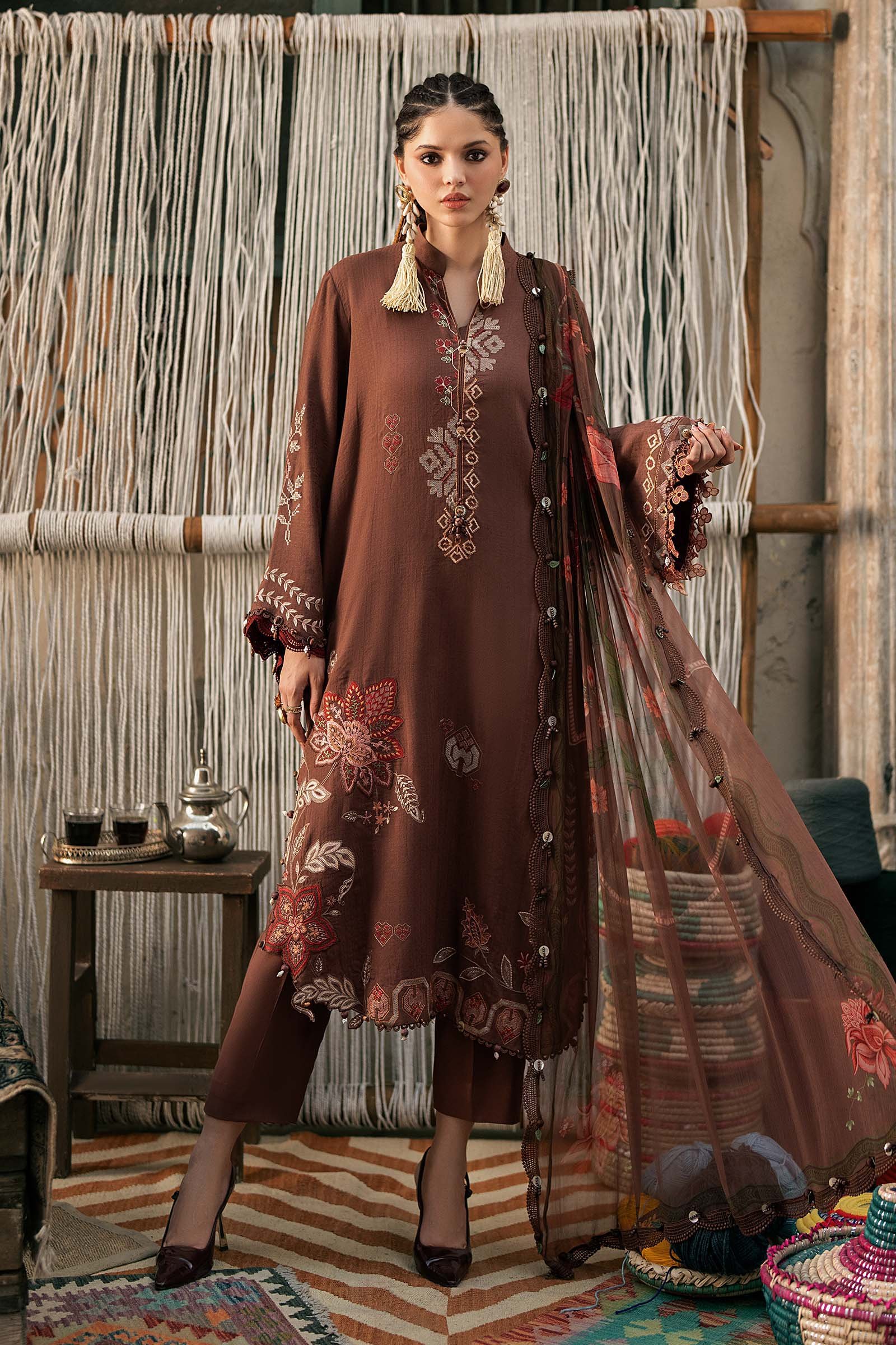 M Prints Maria B | Embroidered Dobby Linen Suit – Light Brown (MPT-3110-B)