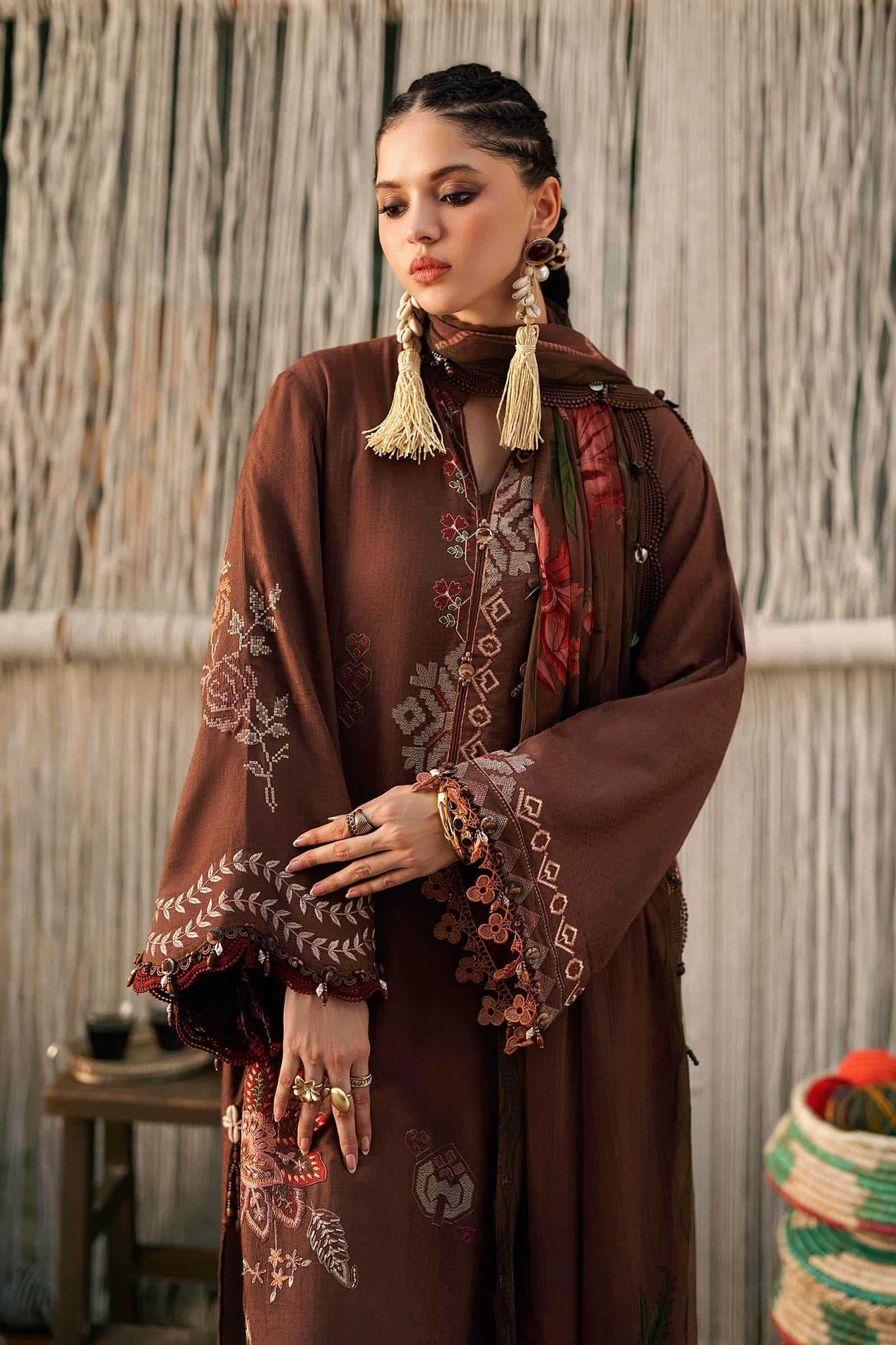 M Prints Maria B | Embroidered Dobby Linen Suit – Light Brown (MPT-3110-B) - Image 4