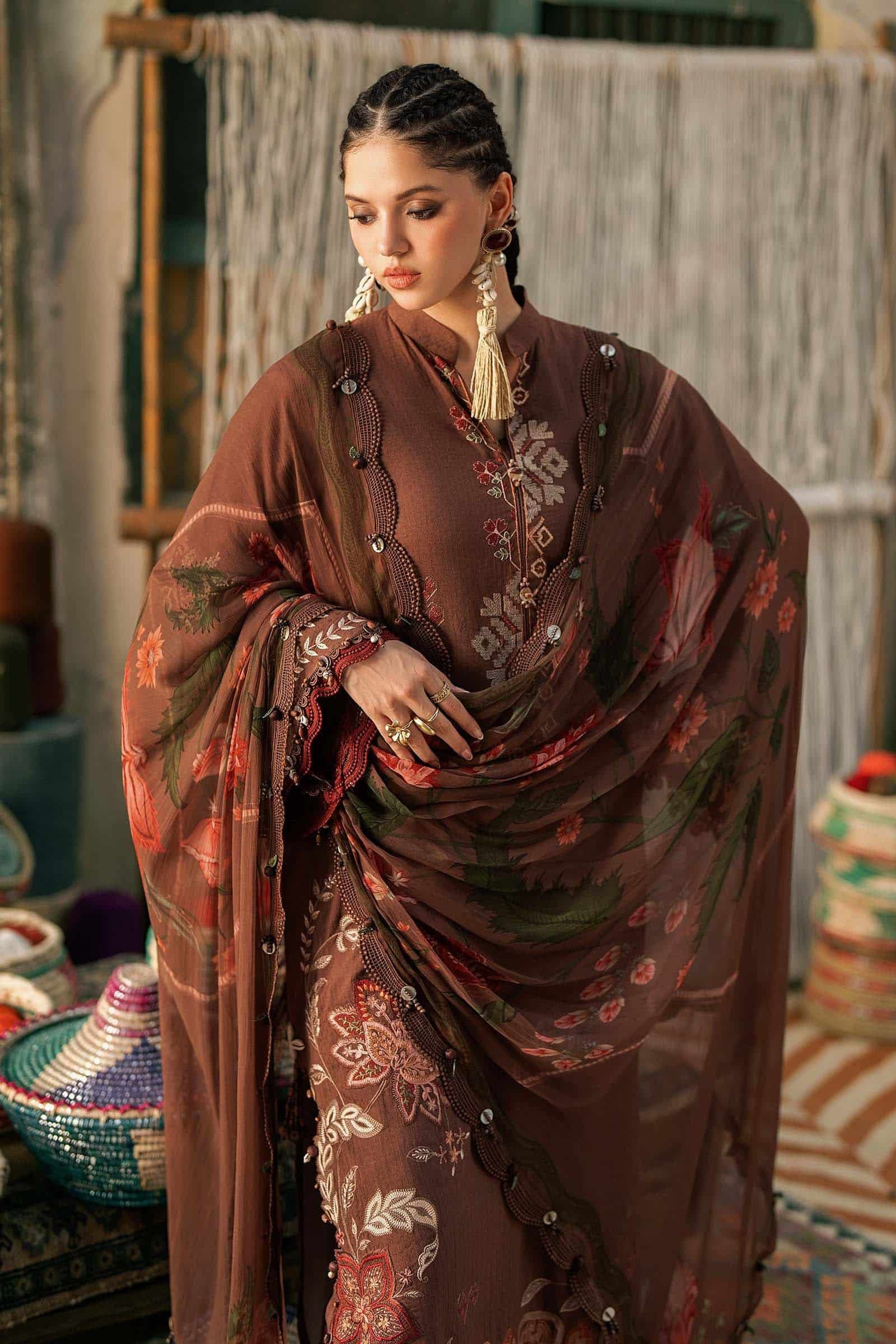M Prints Maria B | Embroidered Dobby Linen Suit – Light Brown (MPT-3110-B) - Image 5