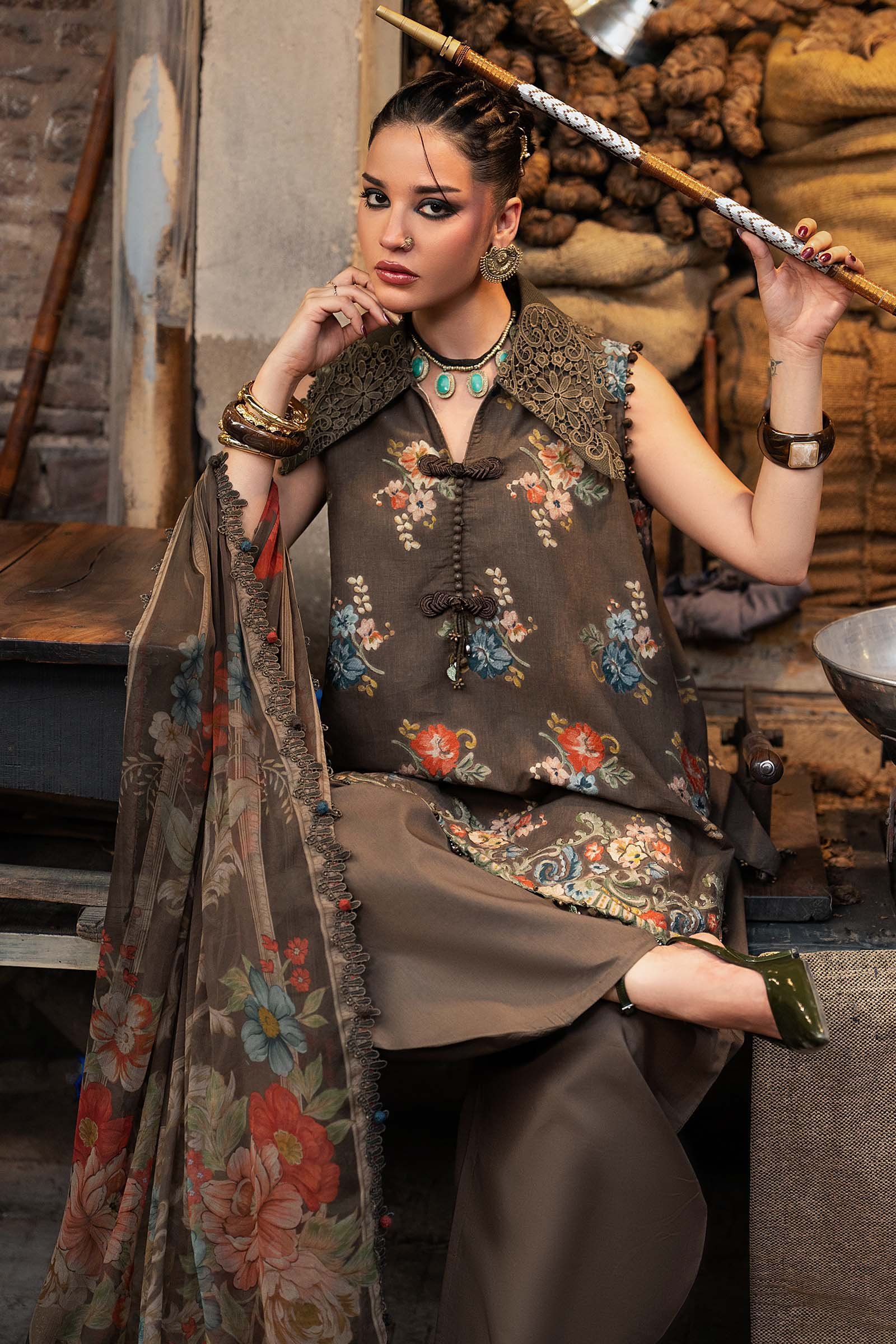 M Prints Maria B | Embroidered Cambric Suit – Brown (MPT-3103-B) - Image 3