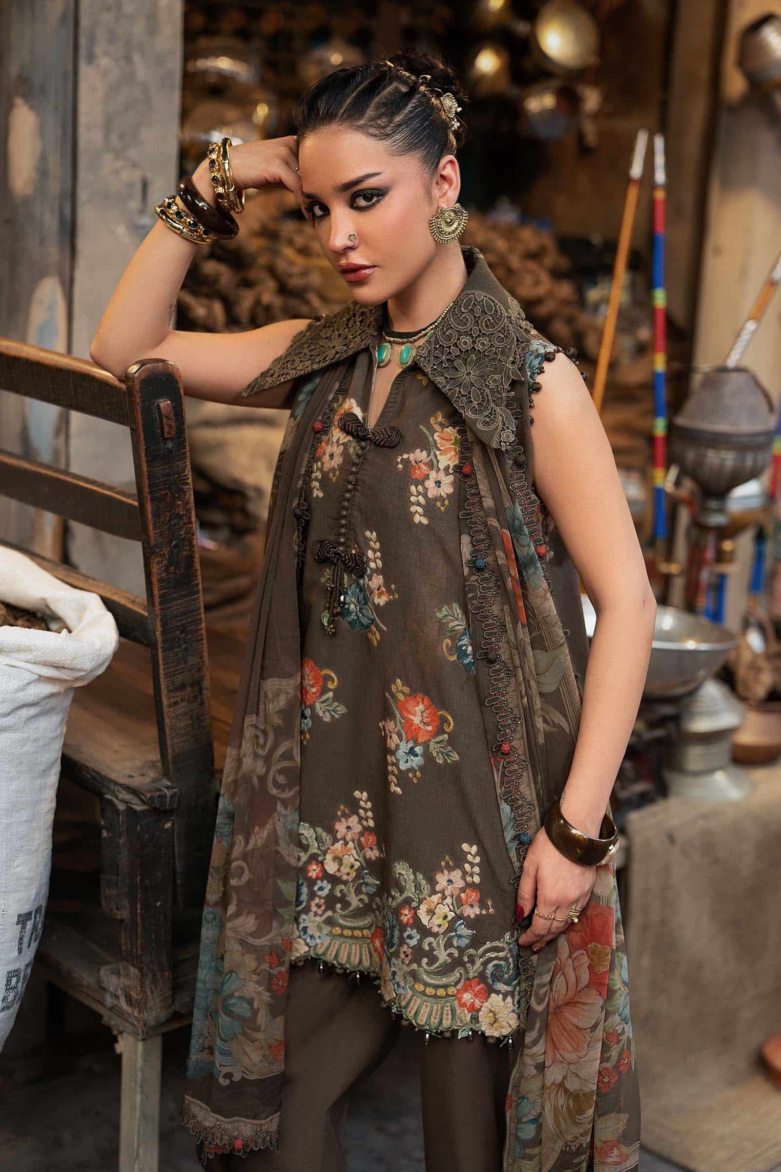 M Prints Maria B | Embroidered Cambric Suit – Brown (MPT-3103-B) - Image 4