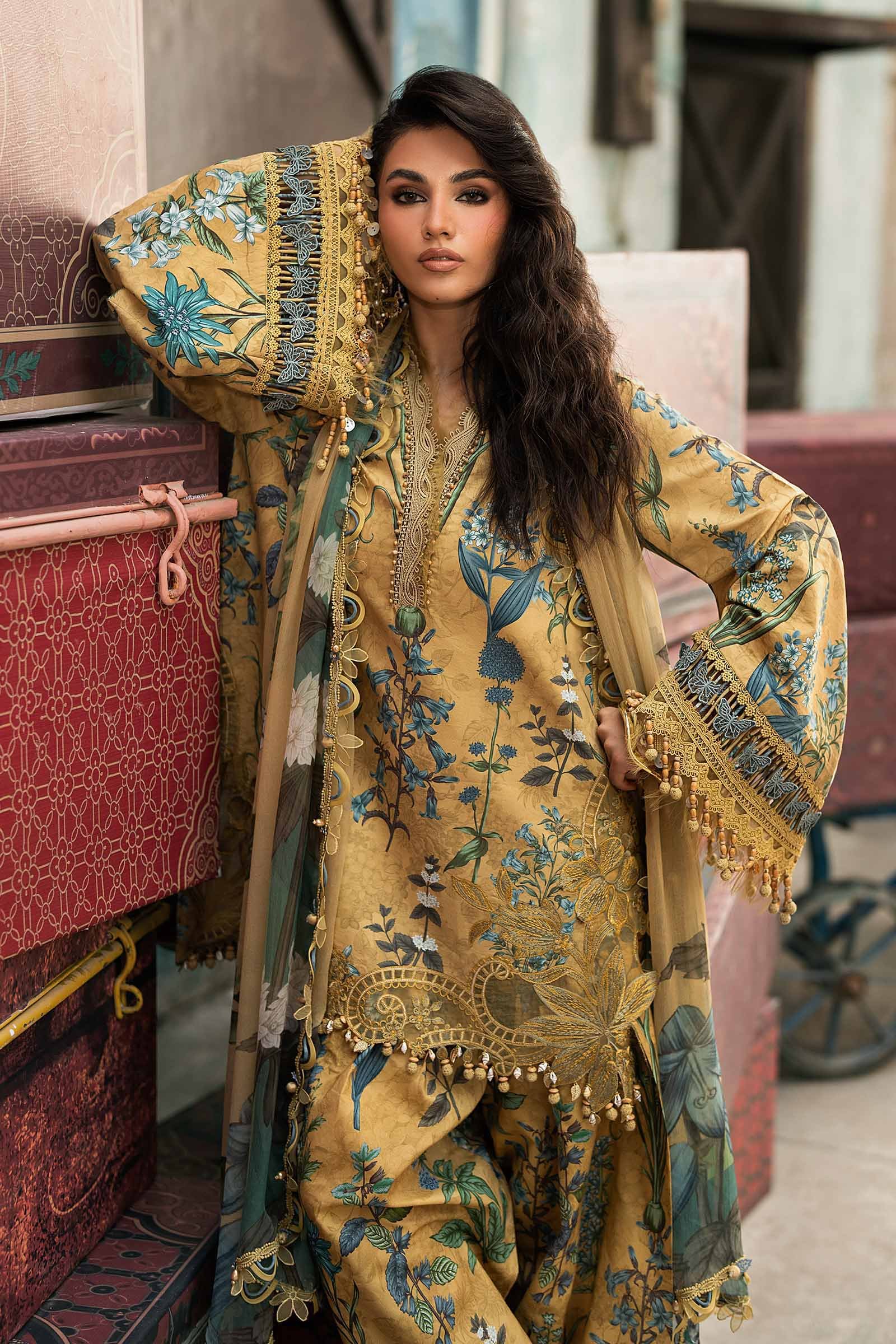 M Prints Maria B | Embroidered Cambric Suit – Mustard (MPT-3106-A) - Image 4