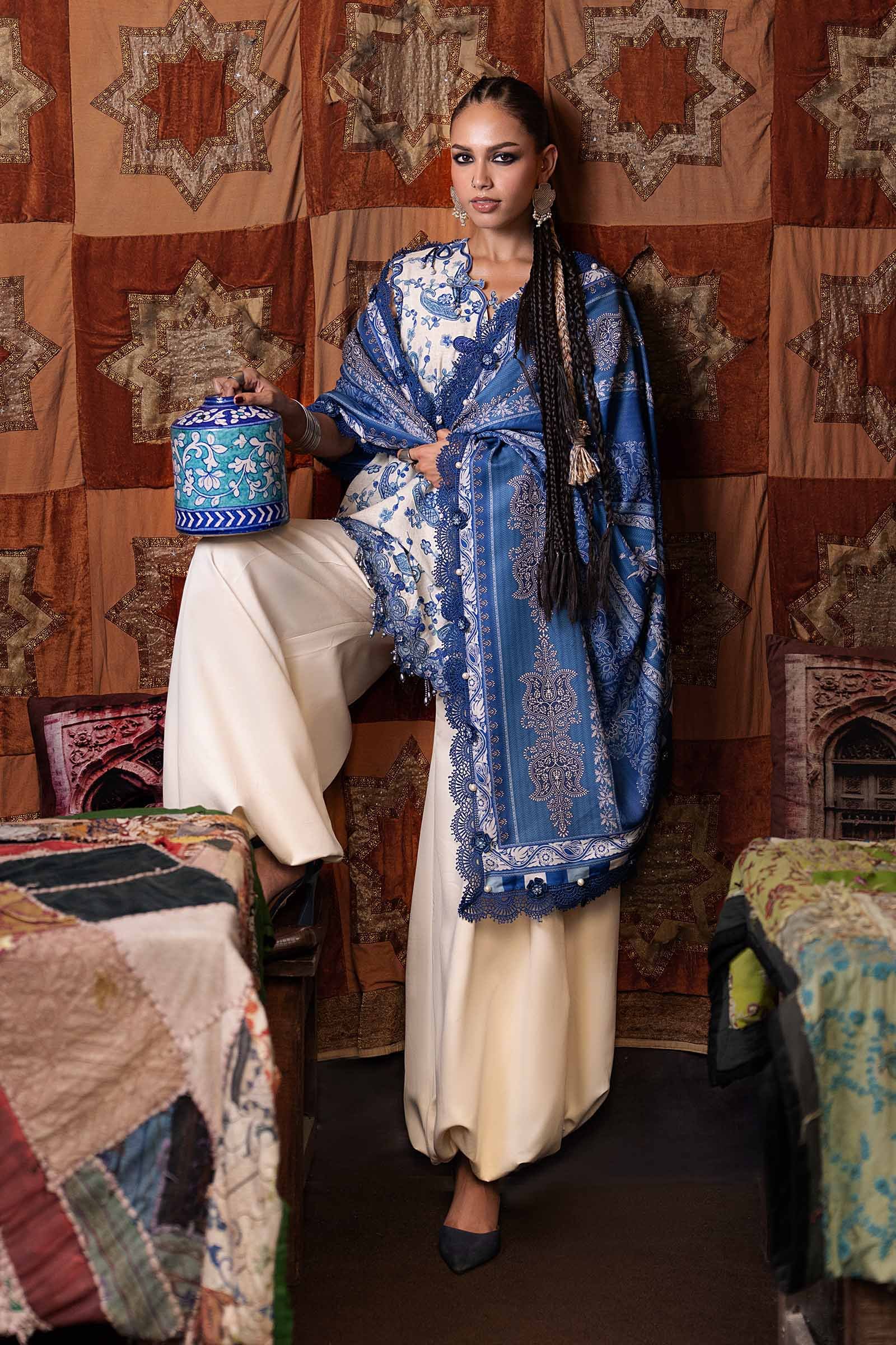 M Prints Maria B | Embroidered Irish Linen Suit – White & Blue (MPT-3108-A) - Image 4