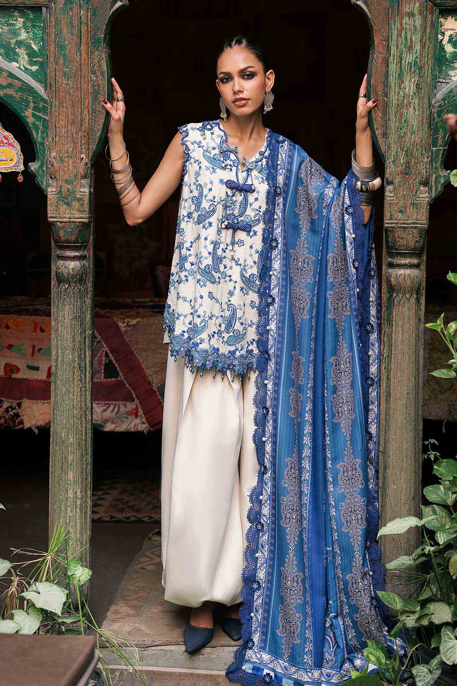 M Prints Maria B | Embroidered Irish Linen Suit – White & Blue (MPT-3108-A) - Image 3