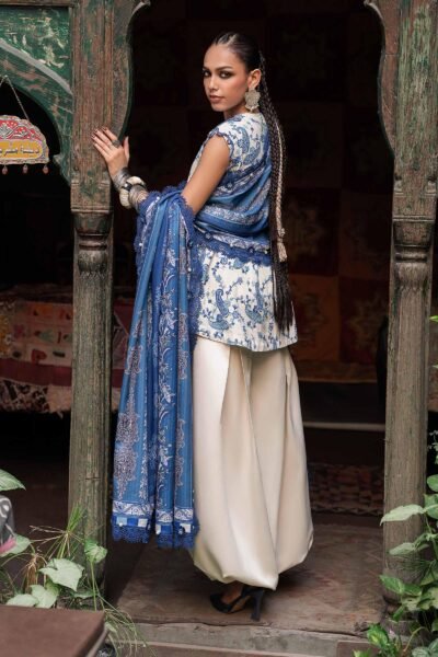 M Prints Maria B | Embroidered Irish Linen Suit – White & Blue (MPT-3108-A)