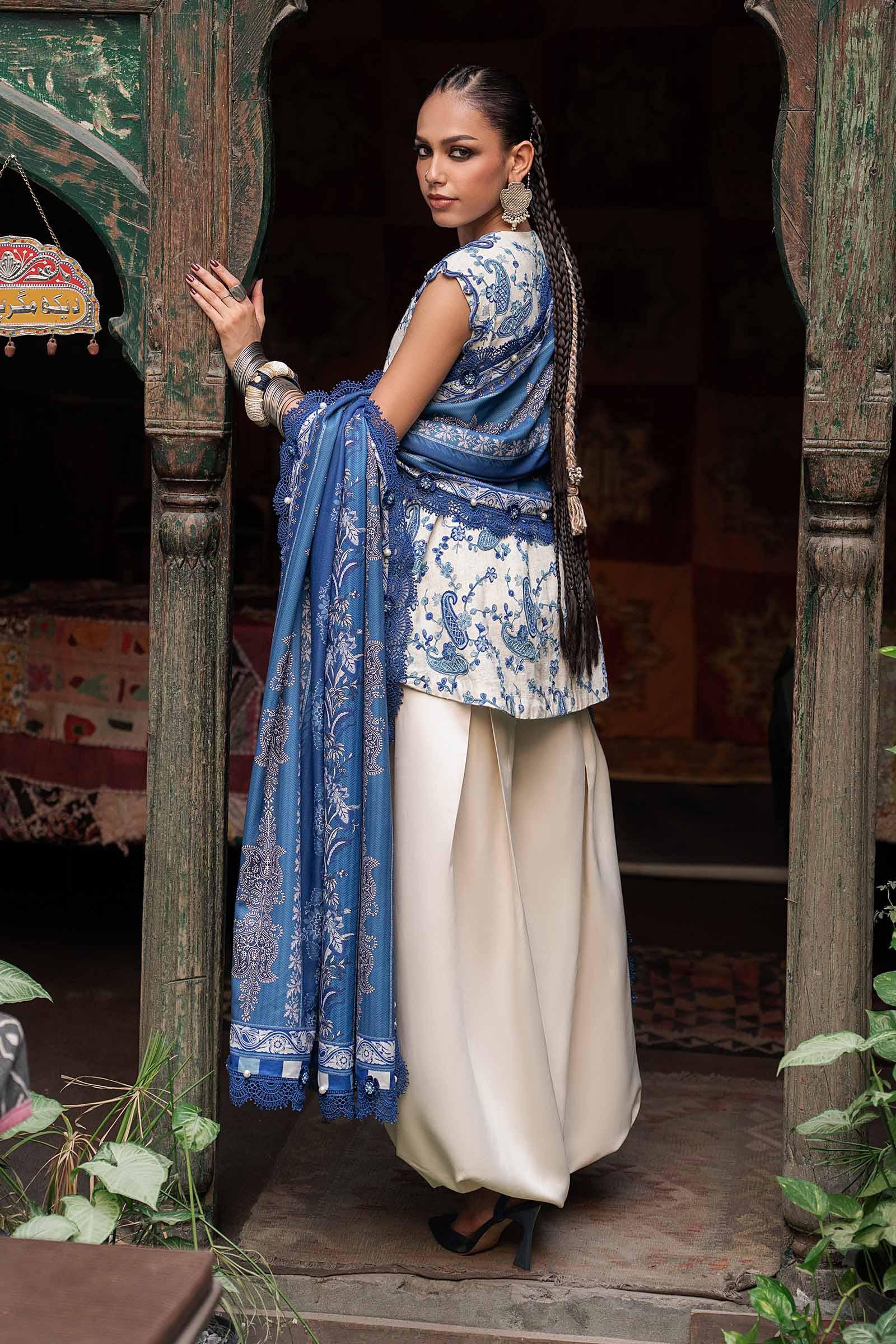 M Prints Maria B | Embroidered Irish Linen Suit – White & Blue (MPT-3108-A) - Image 2